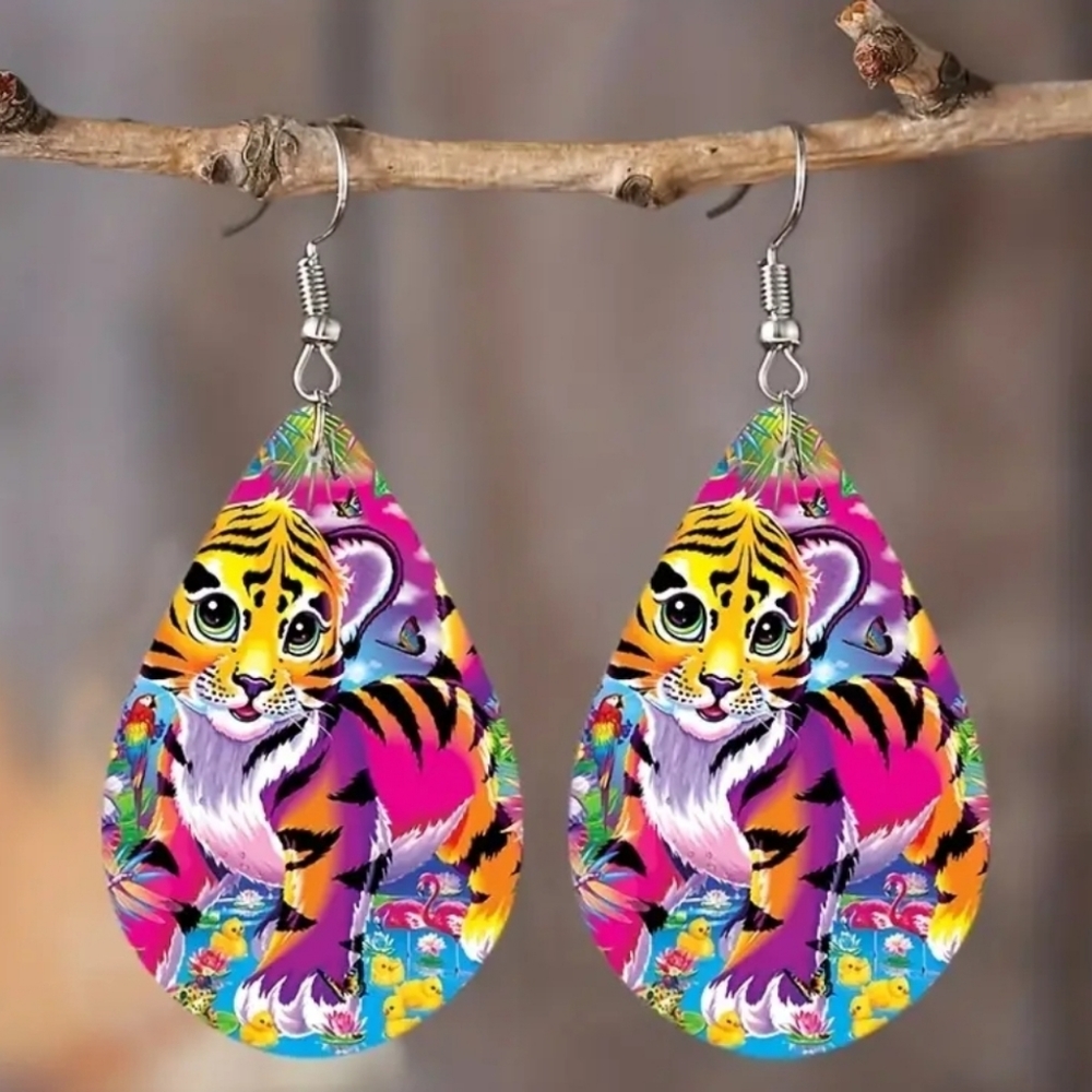NWT! Y2K Multicolor Tiger Animal Print Wooden Drop Earrings NEW - Picture 1 of 2